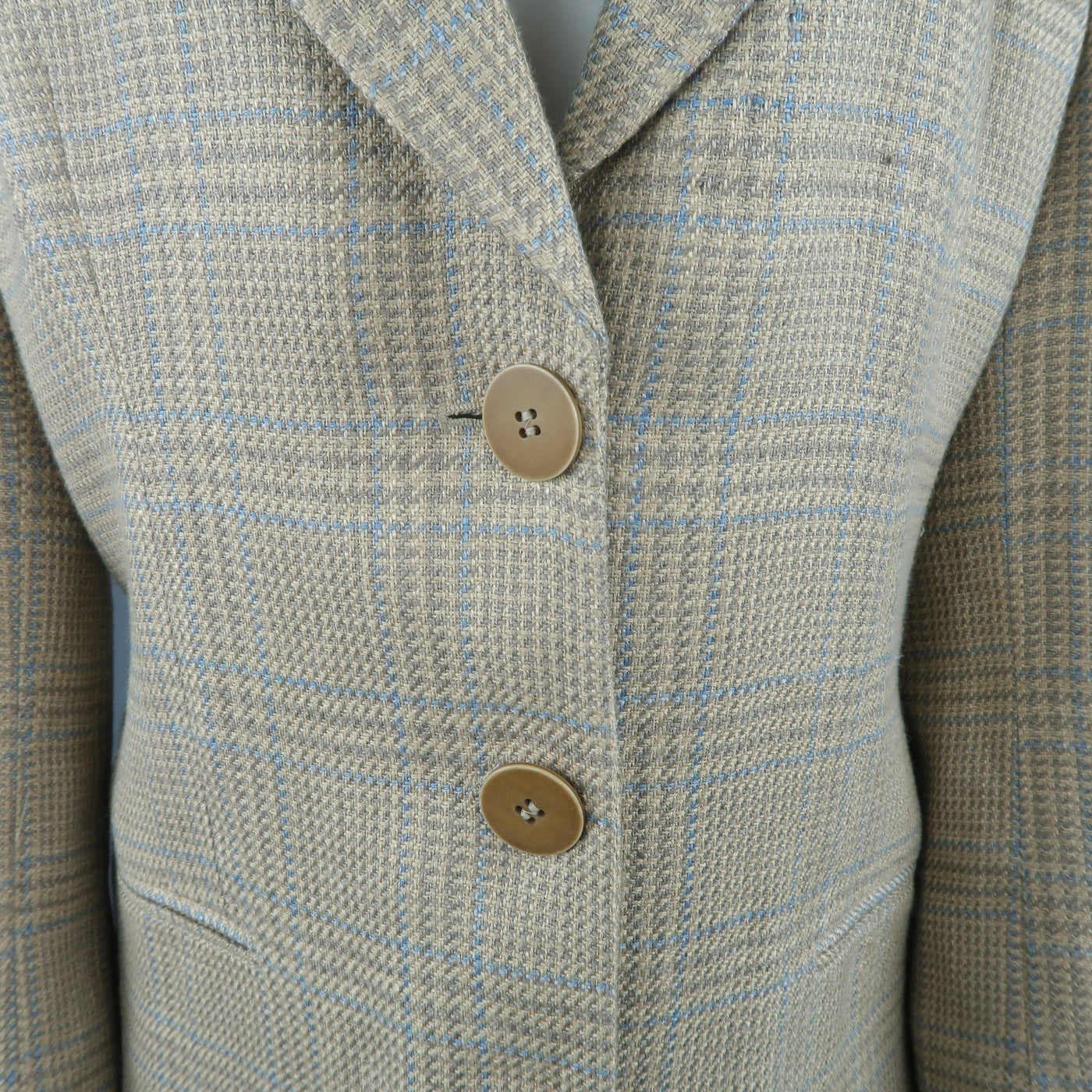GIORGIO ARMANI Size 12 Beige & Blue Plaid Flax / Silk Blend BlazerJacket