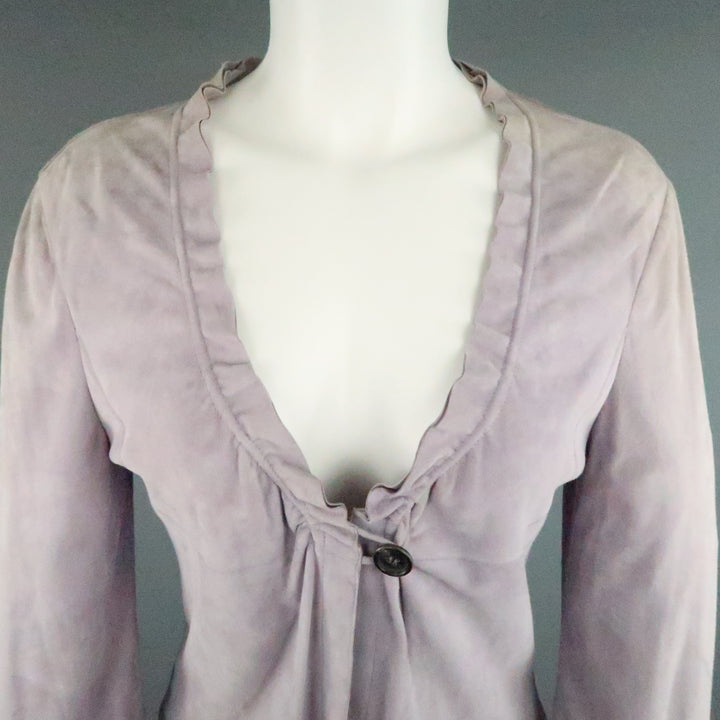 GIORGIO ARMANI Size 12 Lavender Suede Ruffle Trim Cardigan Jacket