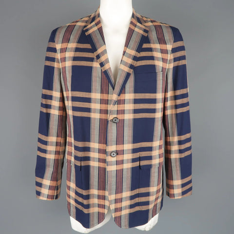GITMAN BROS 44 Navy & Peach Plaid Cotton Notch Lapel Sport Coat GITMAN BROS