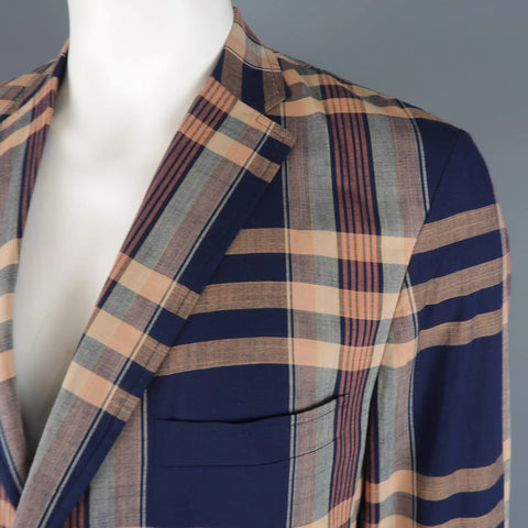GITMAN BROS 44 Navy & Peach Plaid Cotton Notch Lapel Sport Coat GITMAN BROS