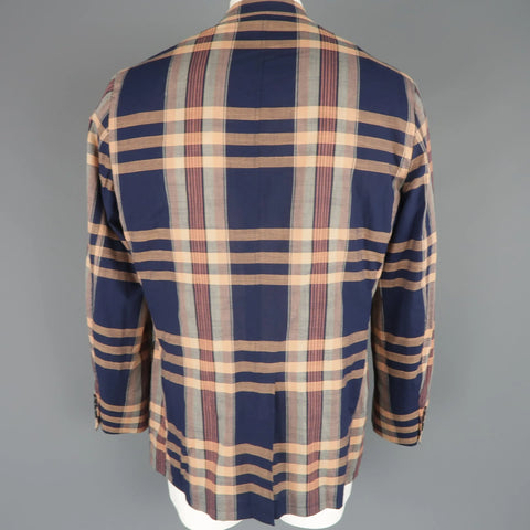 GITMAN BROS 44 Navy & Peach Plaid Cotton Notch Lapel Sport Coat GITMAN BROS