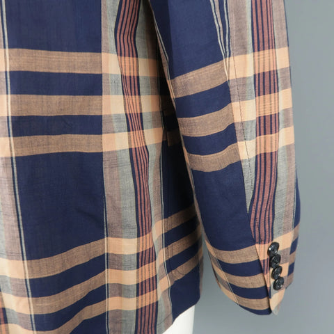 GITMAN BROS 44 Navy & Peach Plaid Cotton Notch Lapel Sport Coat GITMAN BROS