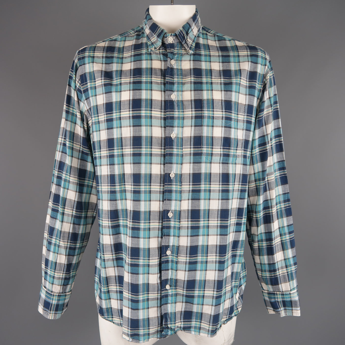 GITMAN VINTAGE Size XL Aqua Blue Plaid Cotton Long Sleeve Button Down Shirt