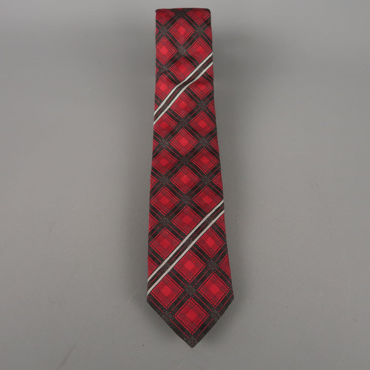 GIVENCHY Red & Black Plaid Striped Silk Neck Tie