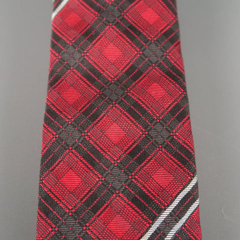 GIVENCHY Red & Black Plaid Striped Silk Neck Tie
