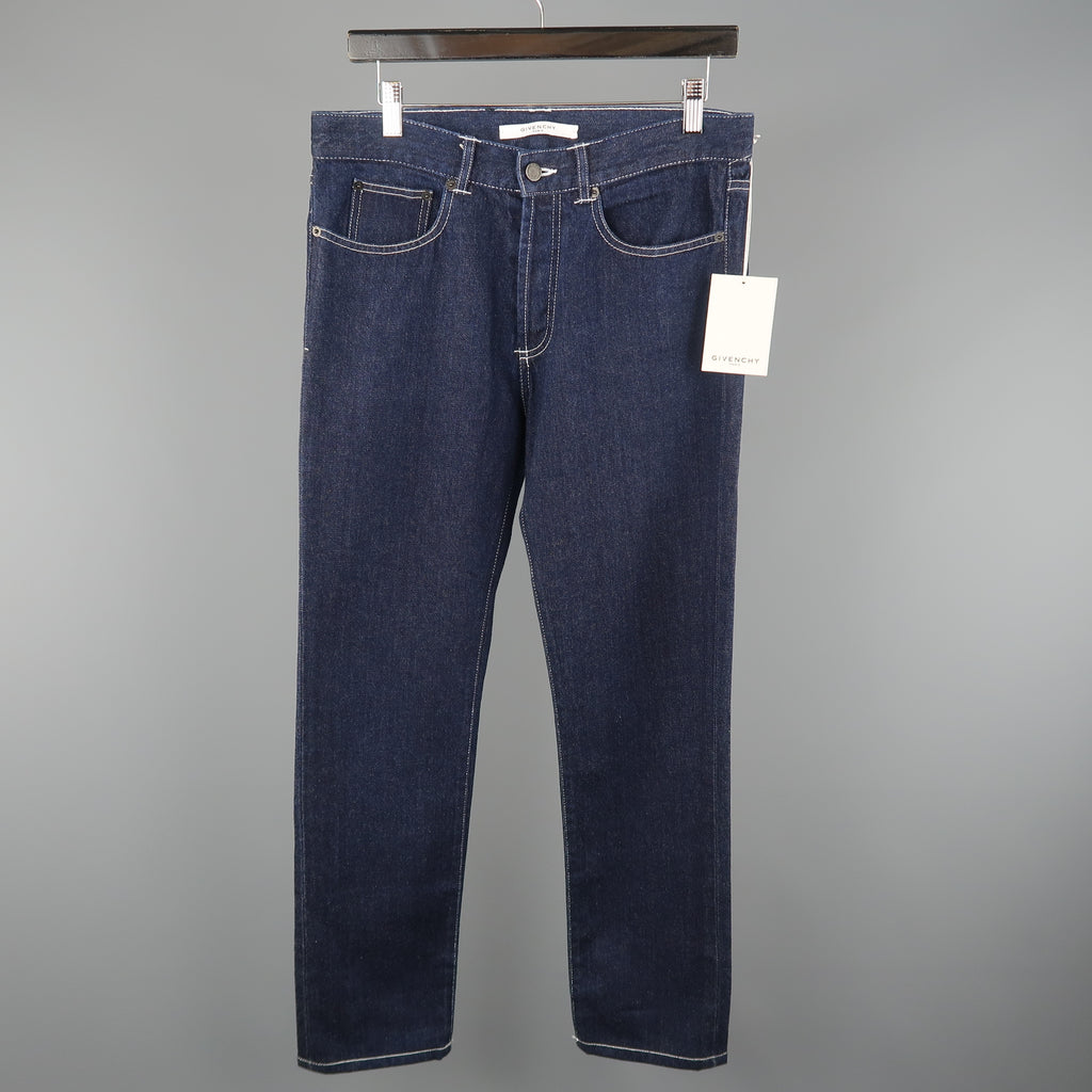 GIVENCHY Size 30 Indigo Denim Contrast Stitch Leather Pocket Jeans 