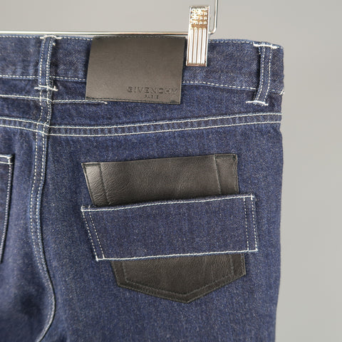 GIVENCHY Size 30 Indigo Denim Contrast Stitch Leather Pocket Jeans