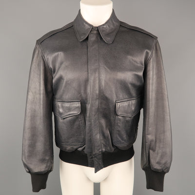 GOLDEN BEAR M Navy Distressed Leather Collared Bomber Jacket