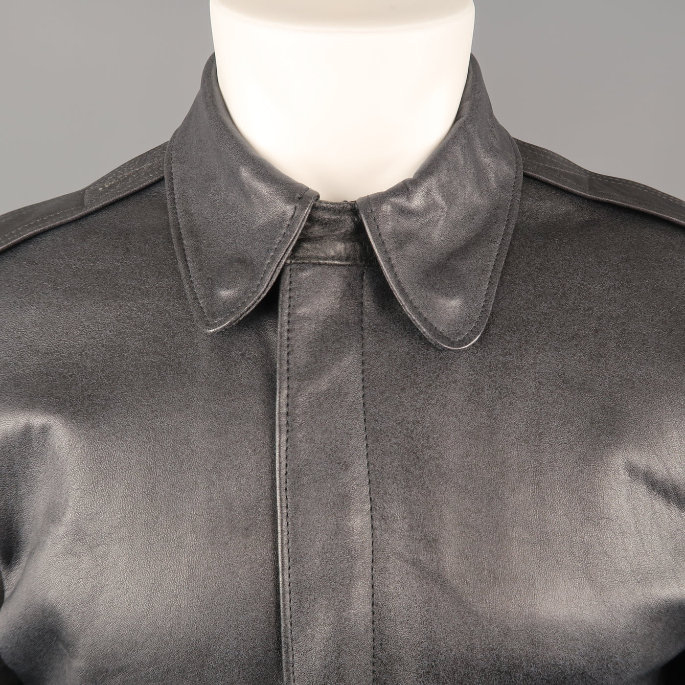 GOLDEN BEAR M Navy Distressed Leather Collared Bomber Jacket