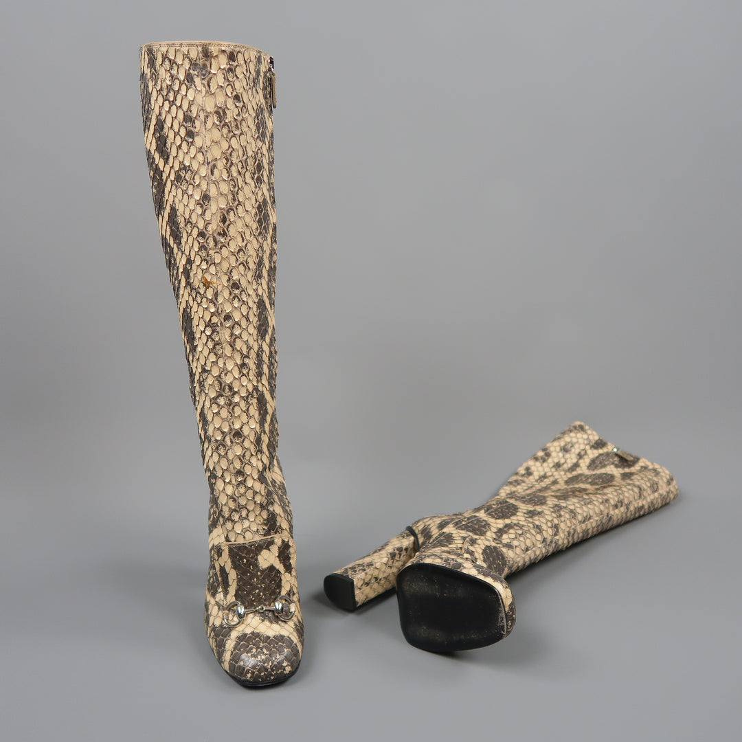 GUCCI Size 7.5 Beige Python Snakeskin Leather Horsebit Knee High Boots