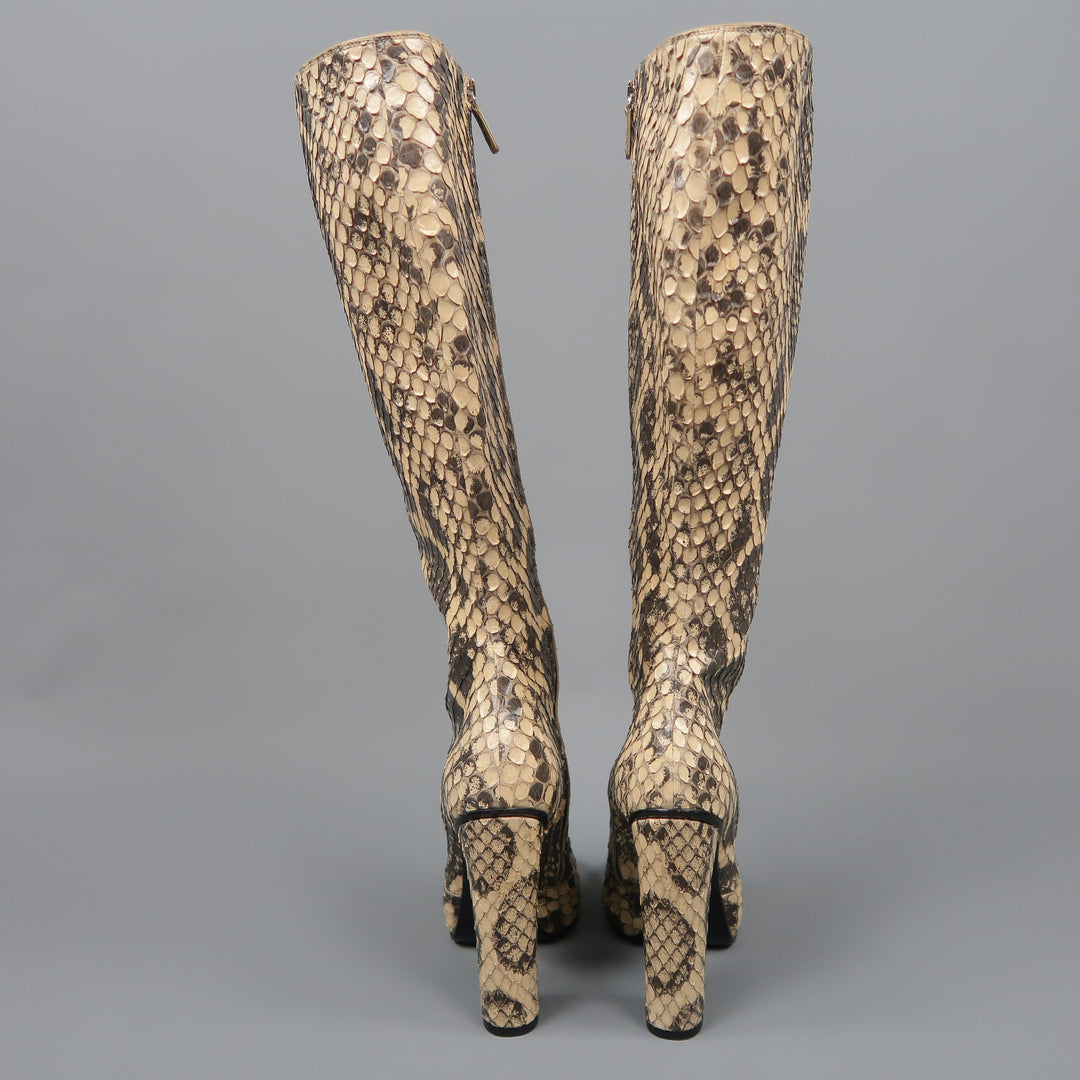GUCCI Size 7.5 Beige Python Snakeskin Leather Horsebit Knee High Boots