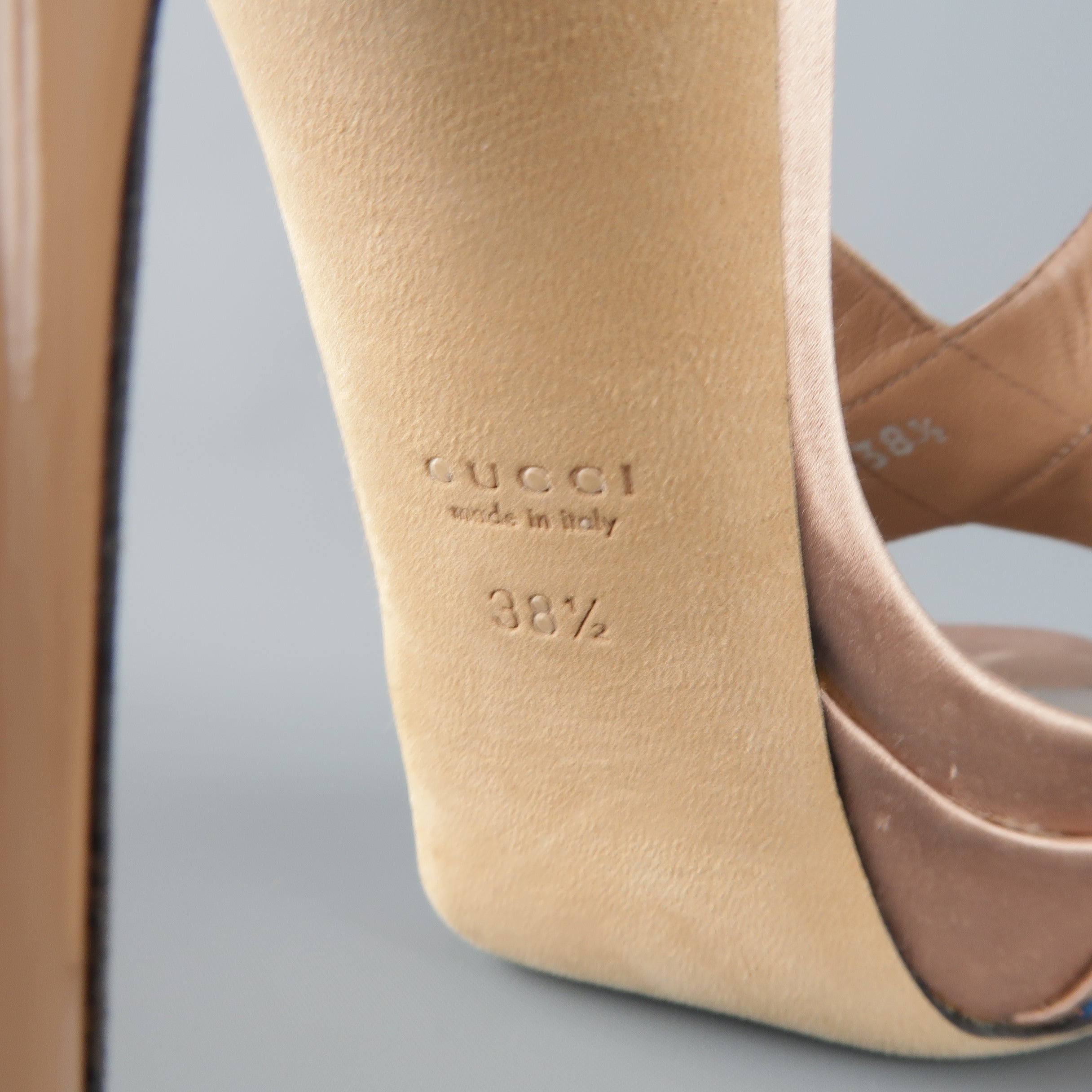 GUCCI Size 8.5 Tan Silk & Patent Leather Blue Rhinestone