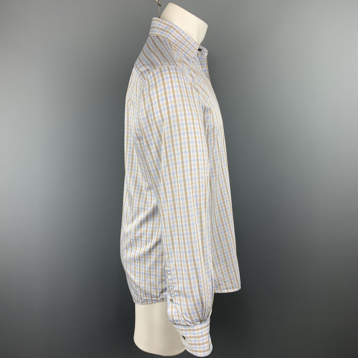 GUCCI Size M Blue & Brown Plaid Cotton Button Up Long Sleeve Shirt