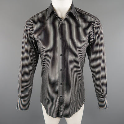 GUCCI Size S Black & Grey Stripe Cotton Long Sleeve Fitted Shirt