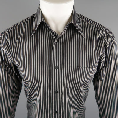 GUCCI Size S Black & Grey Stripe Cotton Long Sleeve Fitted Shirt