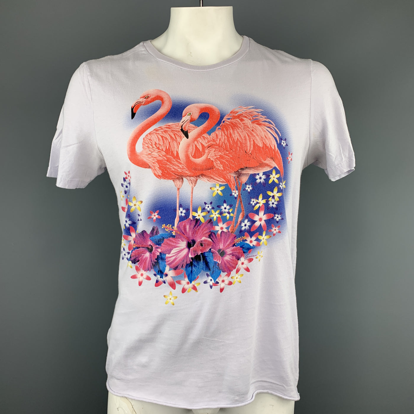 GUCCI Size XXL Powder Blue Flamingos SS 2009 Cotton Crew-Neck T-shirt