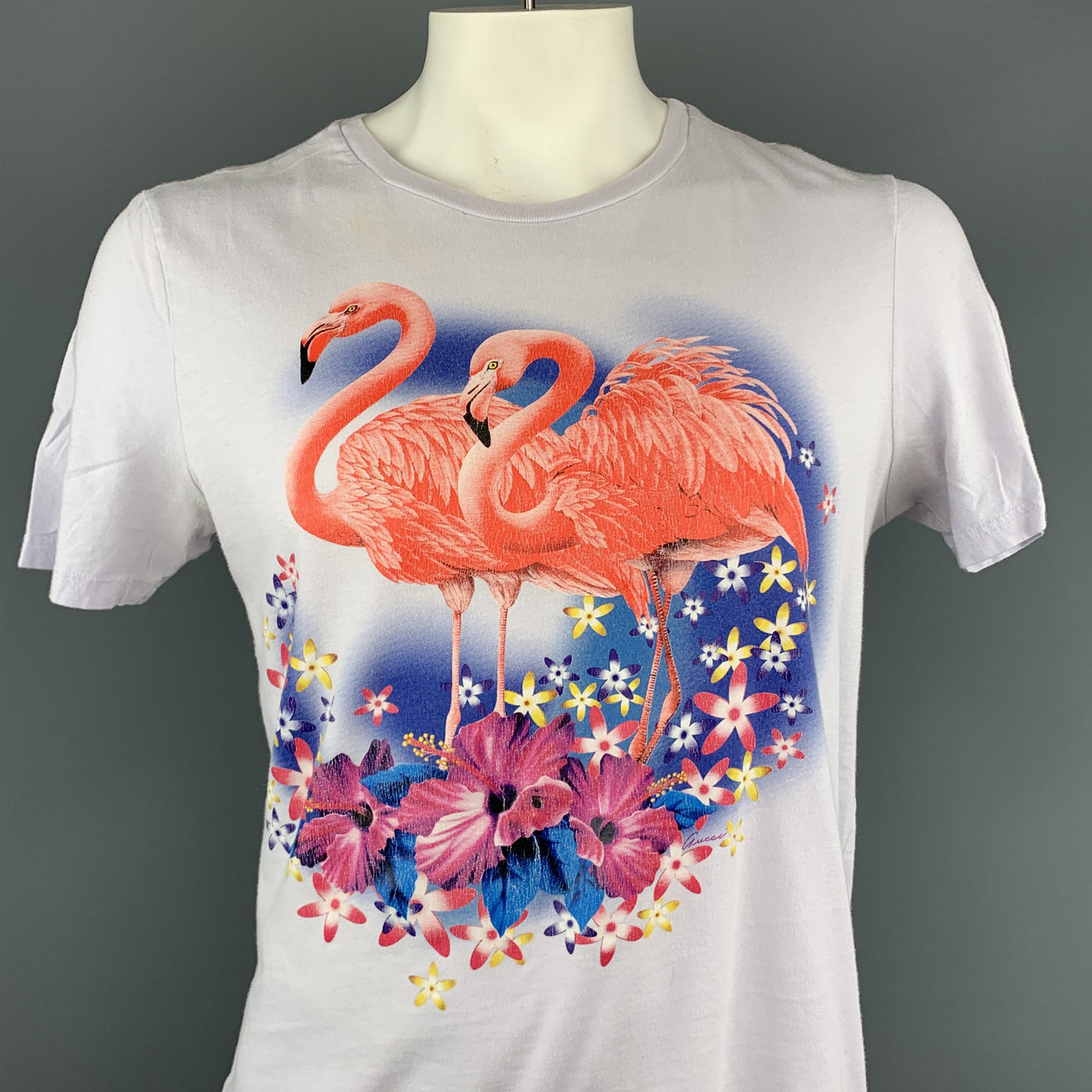 GUCCI Size XXL Powder Blue Flamingos SS 2009 Cotton Crew-Neck T-shirt