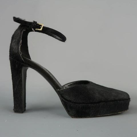 GUCCI by TOM FORD Size 5.5 Black Pony Hair Platform Ankle Strap Pumps GUCCI
