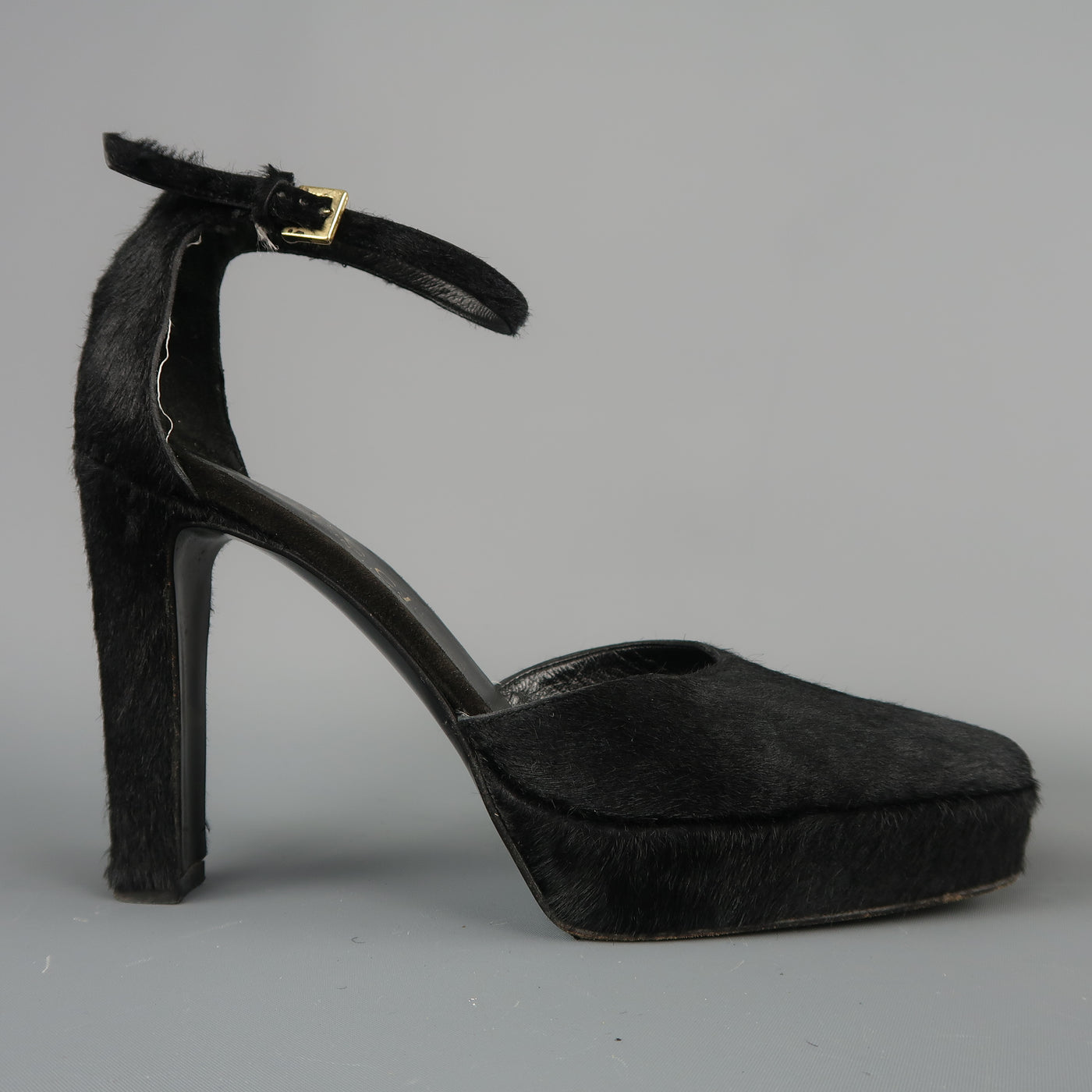 GUCCI by TOM FORD Size 5.5 Black Pony Hair Platform Ankle Strap Pumps