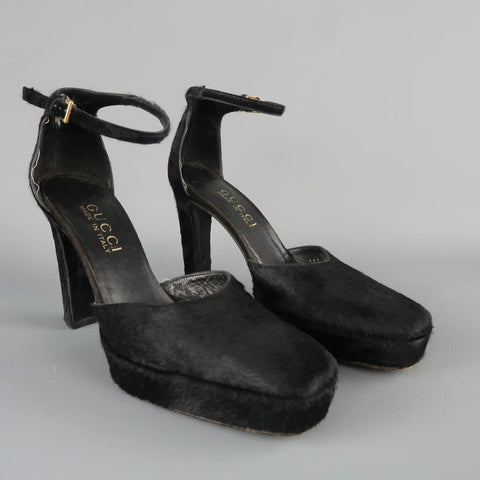 GUCCI by TOM FORD Size 5.5 Black Pony Hair Platform Ankle Strap Pumps GUCCI