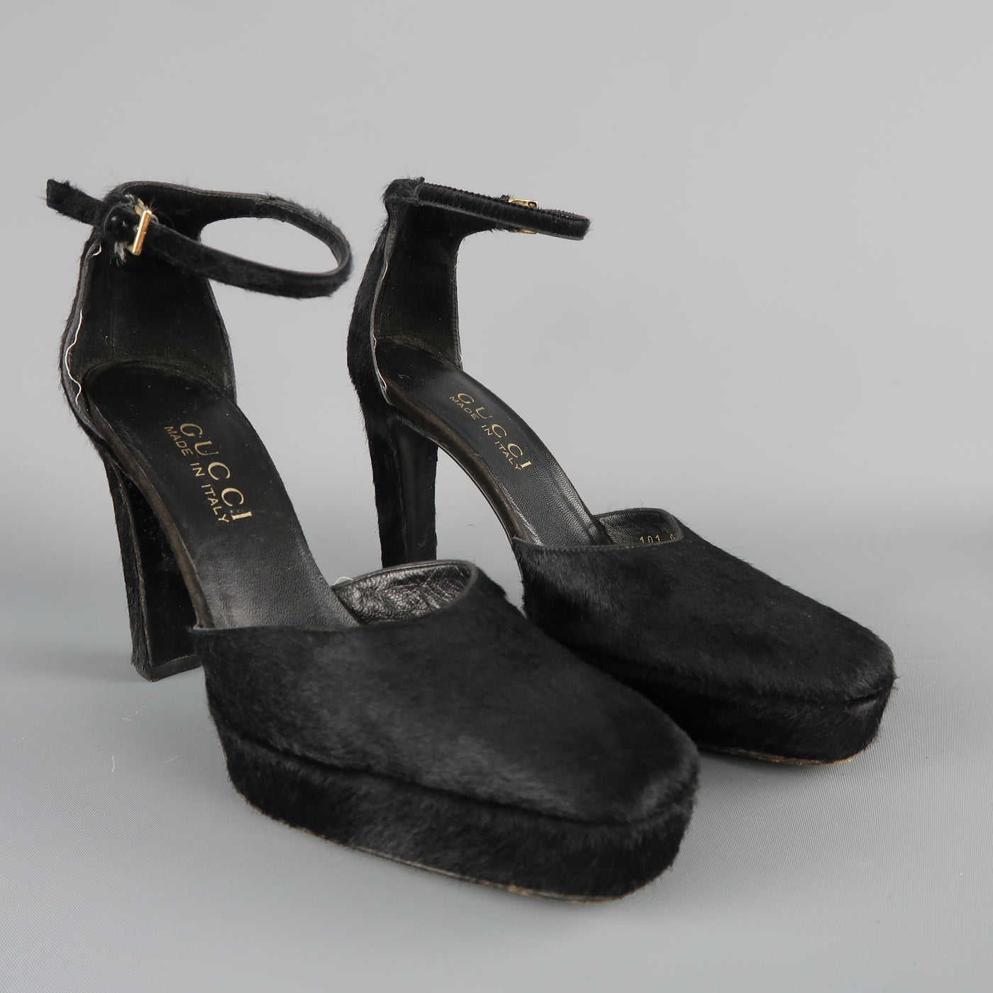 GUCCI by TOM FORD Size 5.5 Black Pony Hair Platform Ankle Strap Pumps