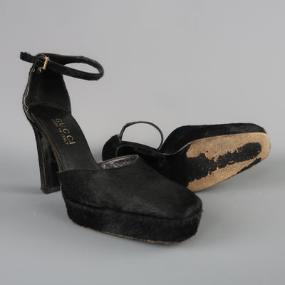 GUCCI by TOM FORD Size 5.5 Black Pony Hair Platform Ankle Strap Pumps