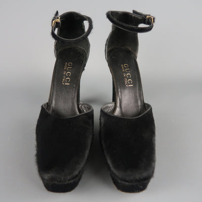 GUCCI by TOM FORD Size 5.5 Black Pony Hair Platform Ankle Strap Pumps