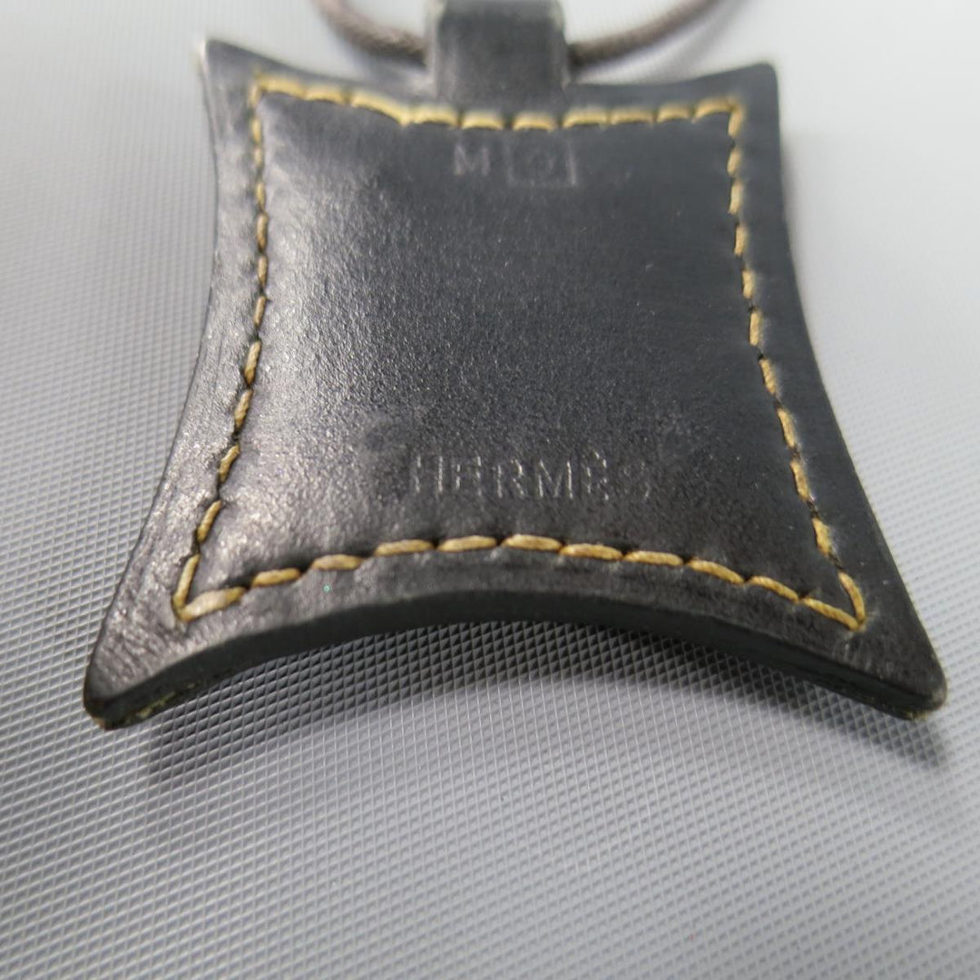HERMES Brown Leather Engraved Silver Metal 2003 Necklace