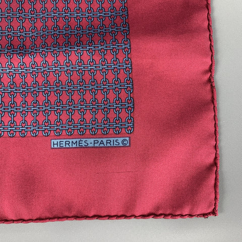 HERMES Chainlink Burgundy Silk Pocket Square