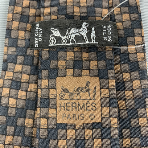 Corbata de seda negra y marrón a cuadros HERMES