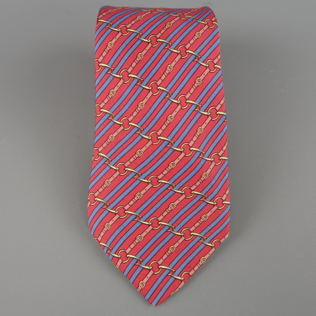 HERMES Red & Blue Diagonal Belt Stripe Print Silk Tie