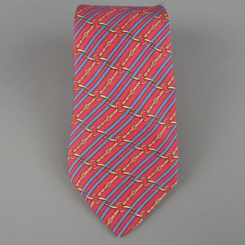 HERMES Red & Blue Diagonal Belt Stripe Print Silk Tie HERMES