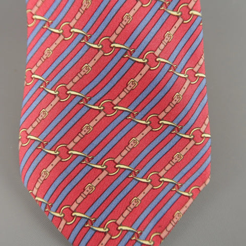 HERMES Red & Blue Diagonal Belt Stripe Print Silk Tie HERMES
