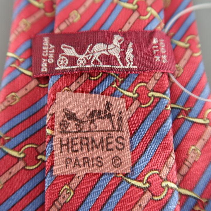 HERMES Red & Blue Diagonal Belt Stripe Print Silk Tie