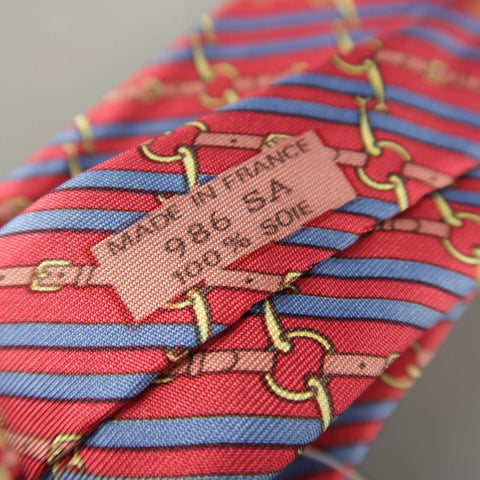 HERMES Red & Blue Diagonal Belt Stripe Print Silk Tie HERMES