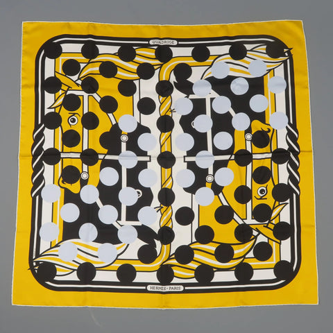 HERMES X COMME DES GARCONS 2013 Gold & Black Polka Dot Quadrige Silk Scarf HERMES
