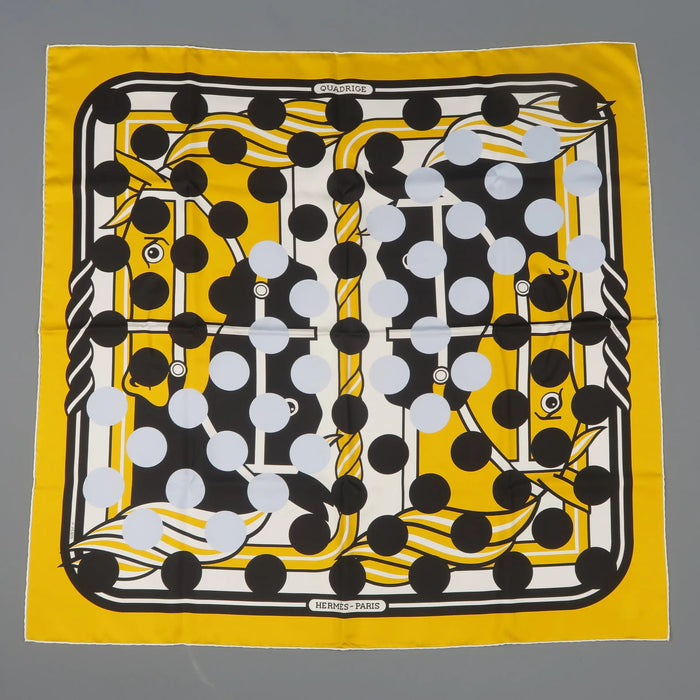 HERMES X COMME DES GARCONS 2013 Gold & Black Polka Dot Quadrige Silk Scarf