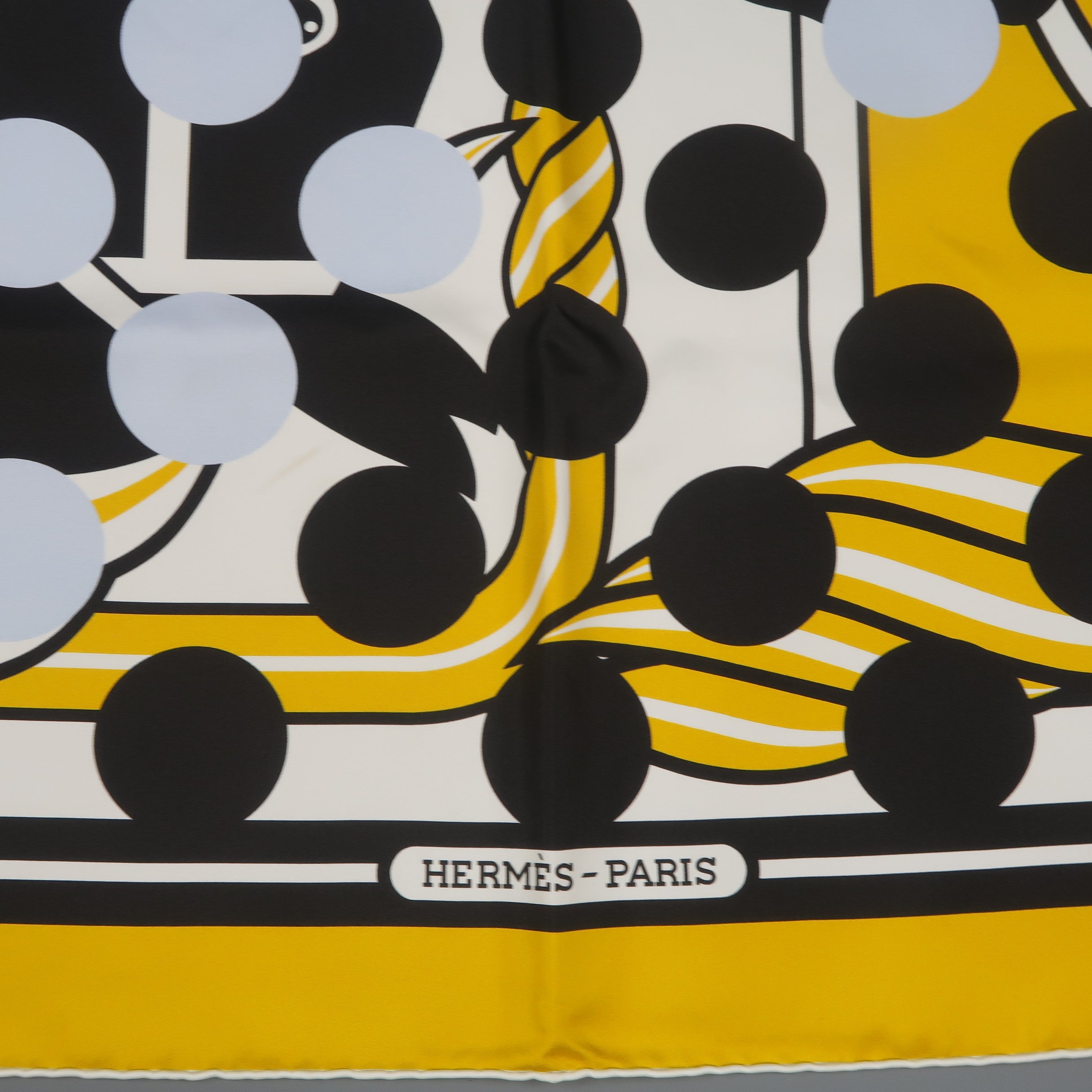 HERMES X COMME DES GARCONS 2013 Gold Black Polka Dot Quadrige Silk S Sui Generis Designer Consignment