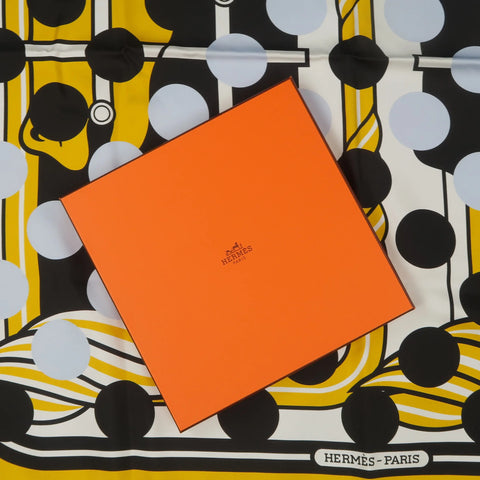 HERMES X COMME DES GARCONS 2013 Gold & Black Polka Dot Quadrige Silk Scarf HERMES