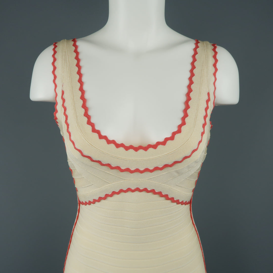 HERVE LEGER Size M Beige & Coral Scalloped Bandage Hanah Dress Sui Generis Designer Consignment HERVE LEGER Size M Beige & Coral Scalloped Bandage Hanah Dress Sui Generis Designer Consignment
