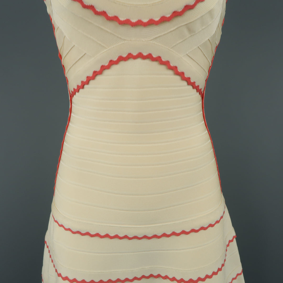 HERVE LEGER Size M Beige & Coral Scalloped Bandage Hanah Dress Sui Generis Designer Consignment HERVE LEGER Size M Beige & Coral Scalloped Bandage Hanah Dress Sui Generis Designer Consignment