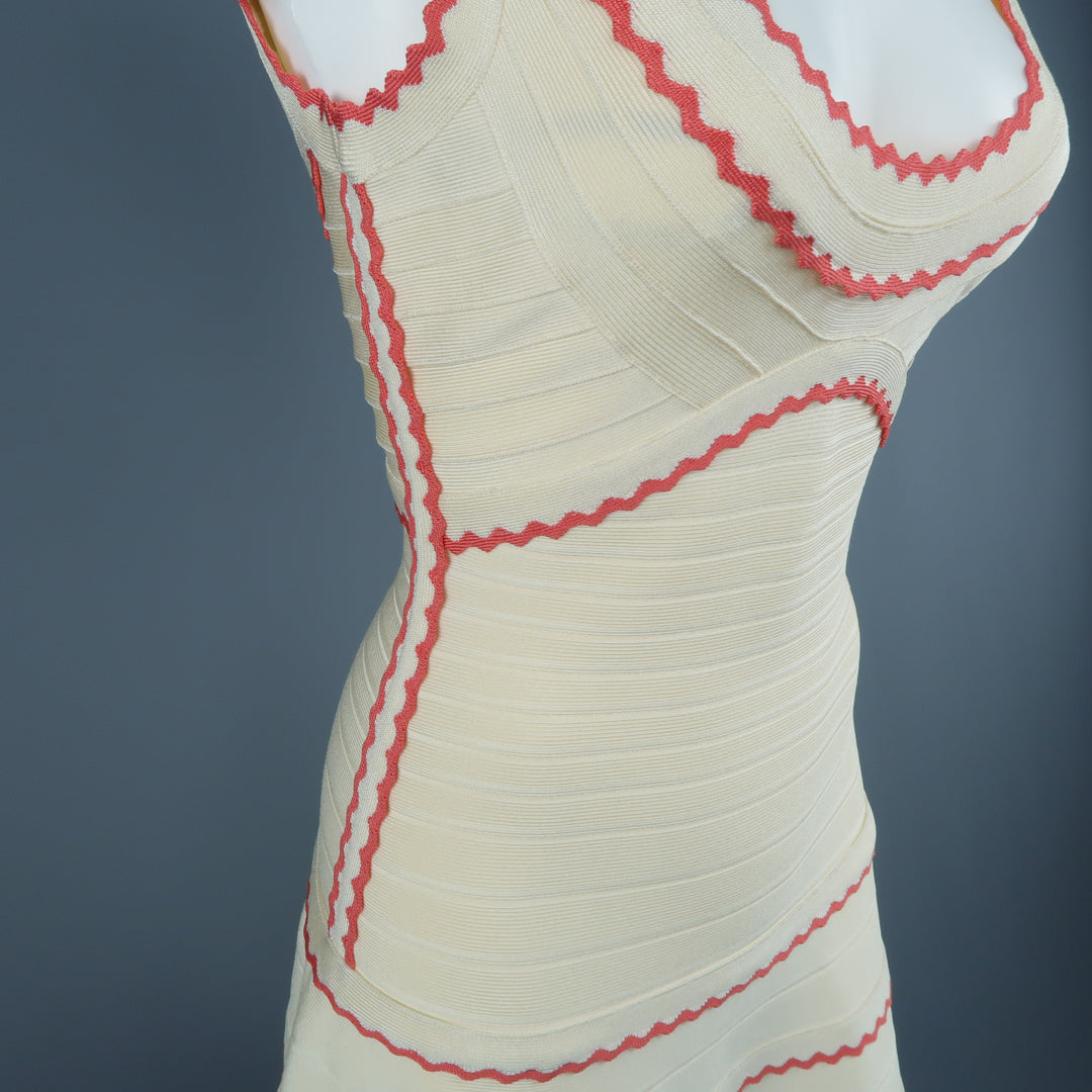 HERVE LEGER Size M Beige & Coral Scalloped Bandage Hanah Dress