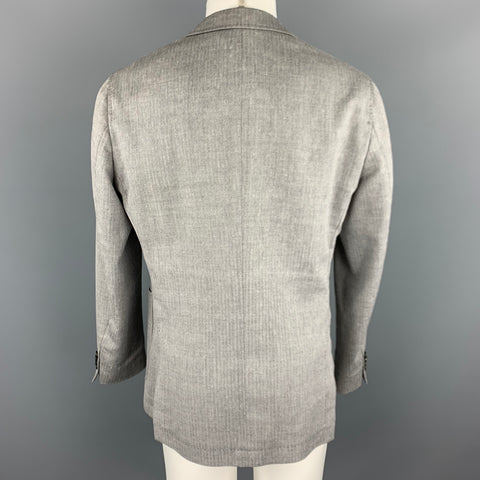 HUGO BOSS 38 Regular Grey Herringbone Wool / Linen Notch Lapel  Sport Coat