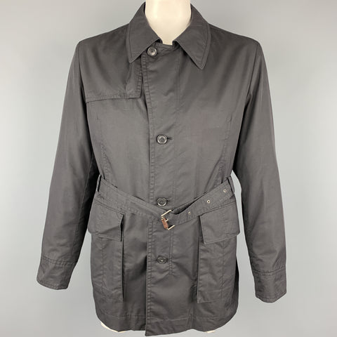 HUGO BOSS Chest Size 44 Black Solid Cotton Blend Belted Jacket