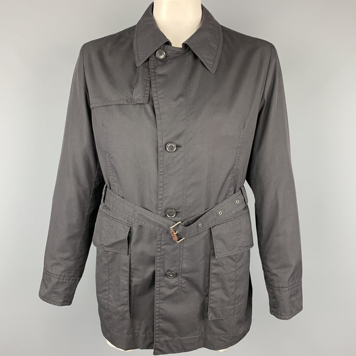 HUGO BOSS Chest Size 44 Black Solid Cotton Blend Belted Jacket