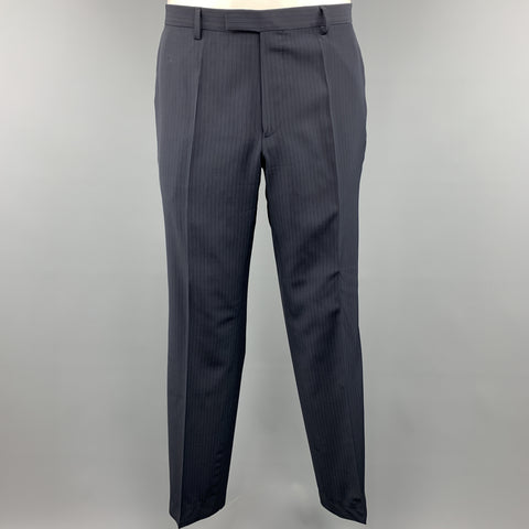 HUGO BOSS 44 Regular Navy Stripe Wool / Elastane 36 x 32 Notch Lapel  Suit