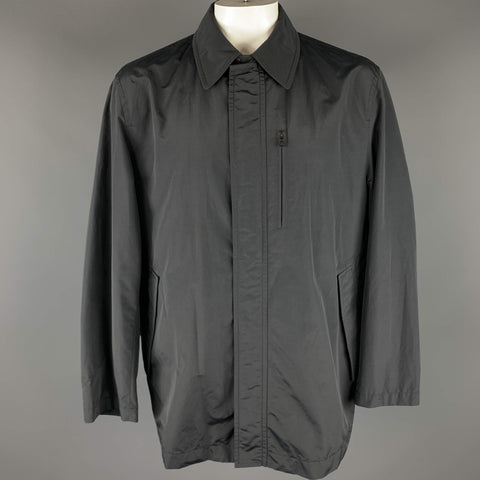 HUGO BOSS 46 Black Solid Cotton  Nylon Zip & Snaps Long Coat