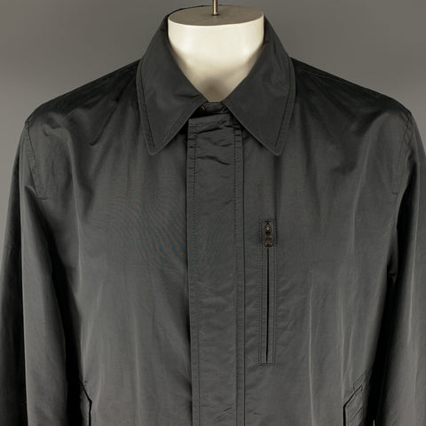 HUGO BOSS 46 Black Solid Cotton  Nylon Zip & Snaps Long Coat