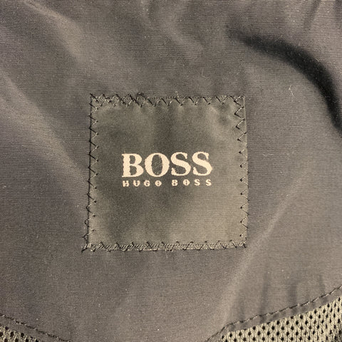 HUGO BOSS 46 Black Solid Cotton  Nylon Zip & Snaps Long Coat
