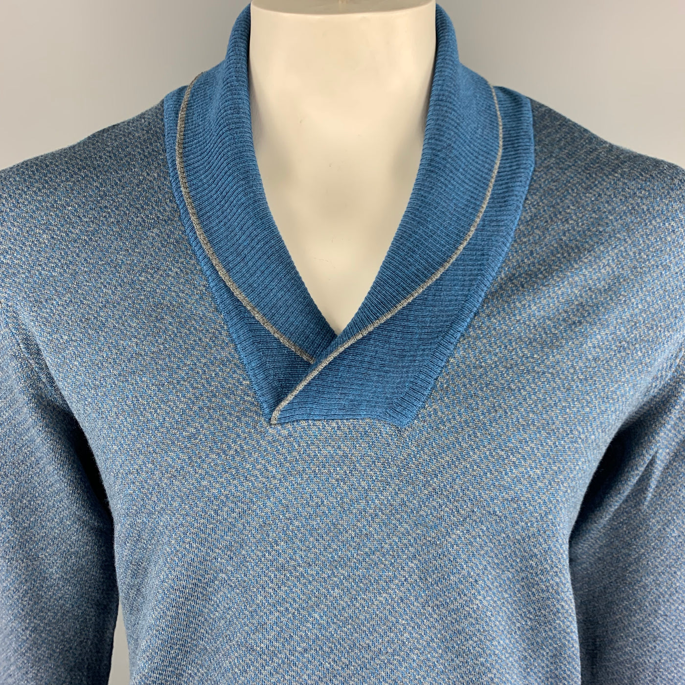 HUGO BOSS Size XL Blue & Grey Knitted Merino Wool Shawl Collar Pullover Sweater